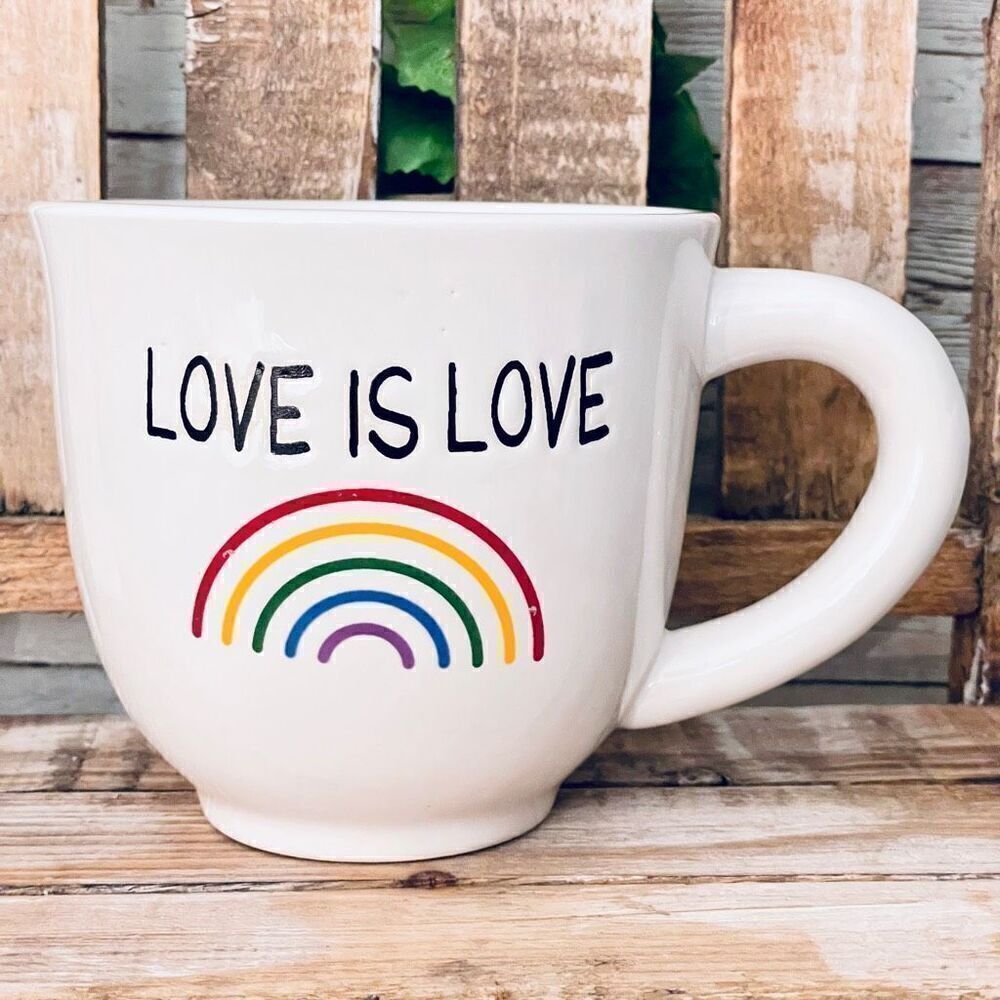 NWT 1872 LOVE IS LOVE 16Oz Rainbow Pride White Glossy Ceramic Coffee Mug read